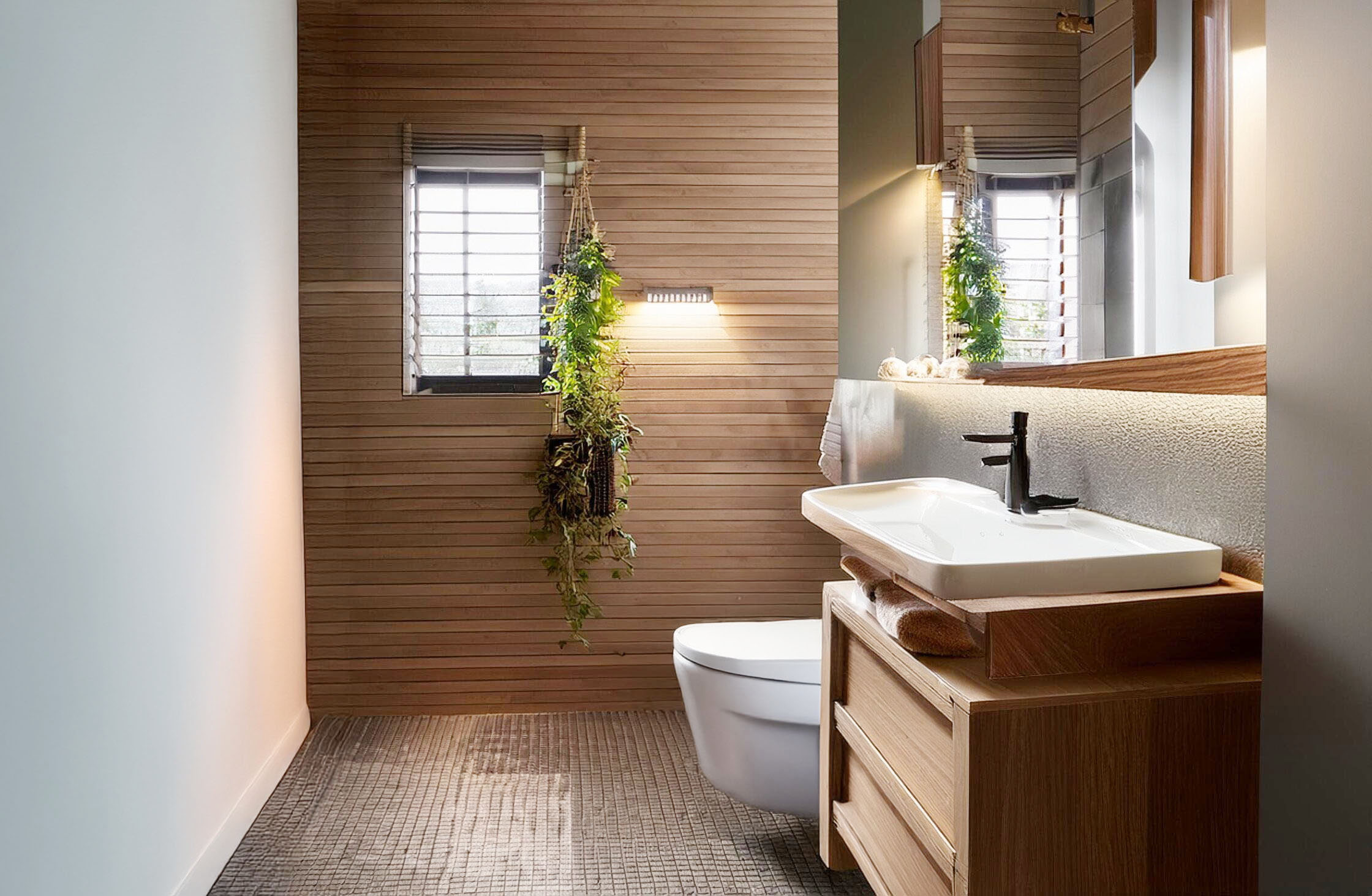 a bathroom with a plant on the wall